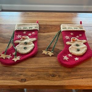 Two wool backed crewel snowman Christmas stockings.  Primitive.